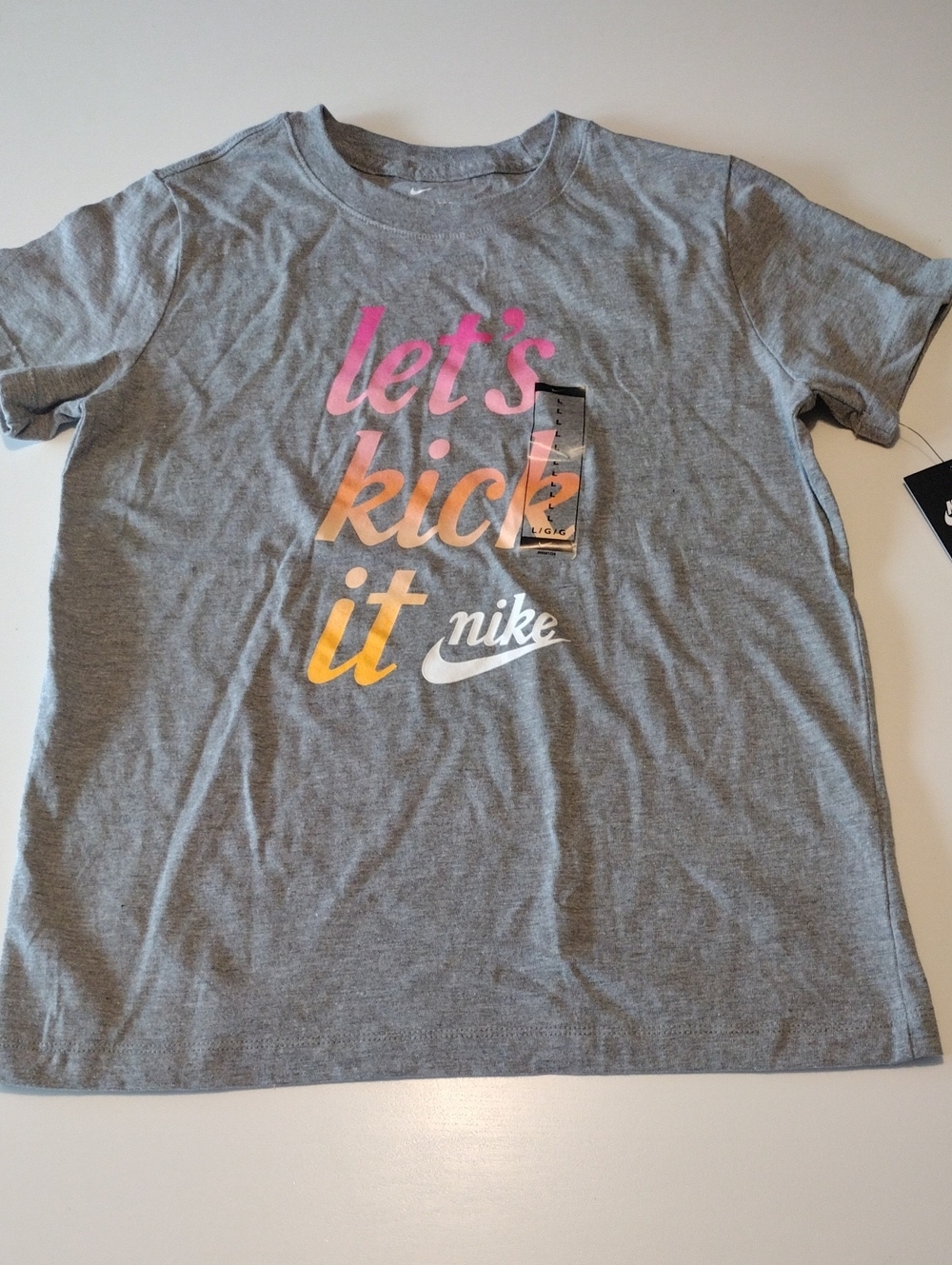 Nike Girls/ Kids Gray Tee with Pink, Orange & Yellow 'let's kick it' Graphic